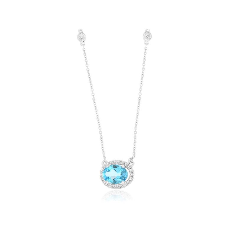 14K WHITE GOLD .95CT OVAL BLUE TOPAZ NECKLACE WITH .27CTTW ROUND I1 CLARITY & HI COLOR DIAMONDS SET IN THE HALO AND BEZELS IN THE CABLE CHAIN