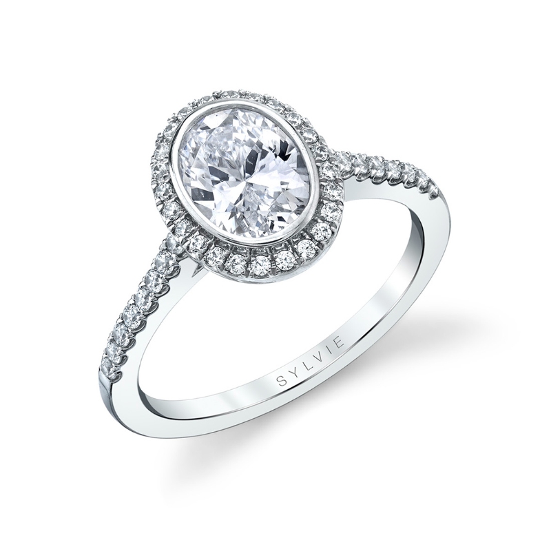 Oval Cut Modern Bezel Halo Engagement Ring - Anita