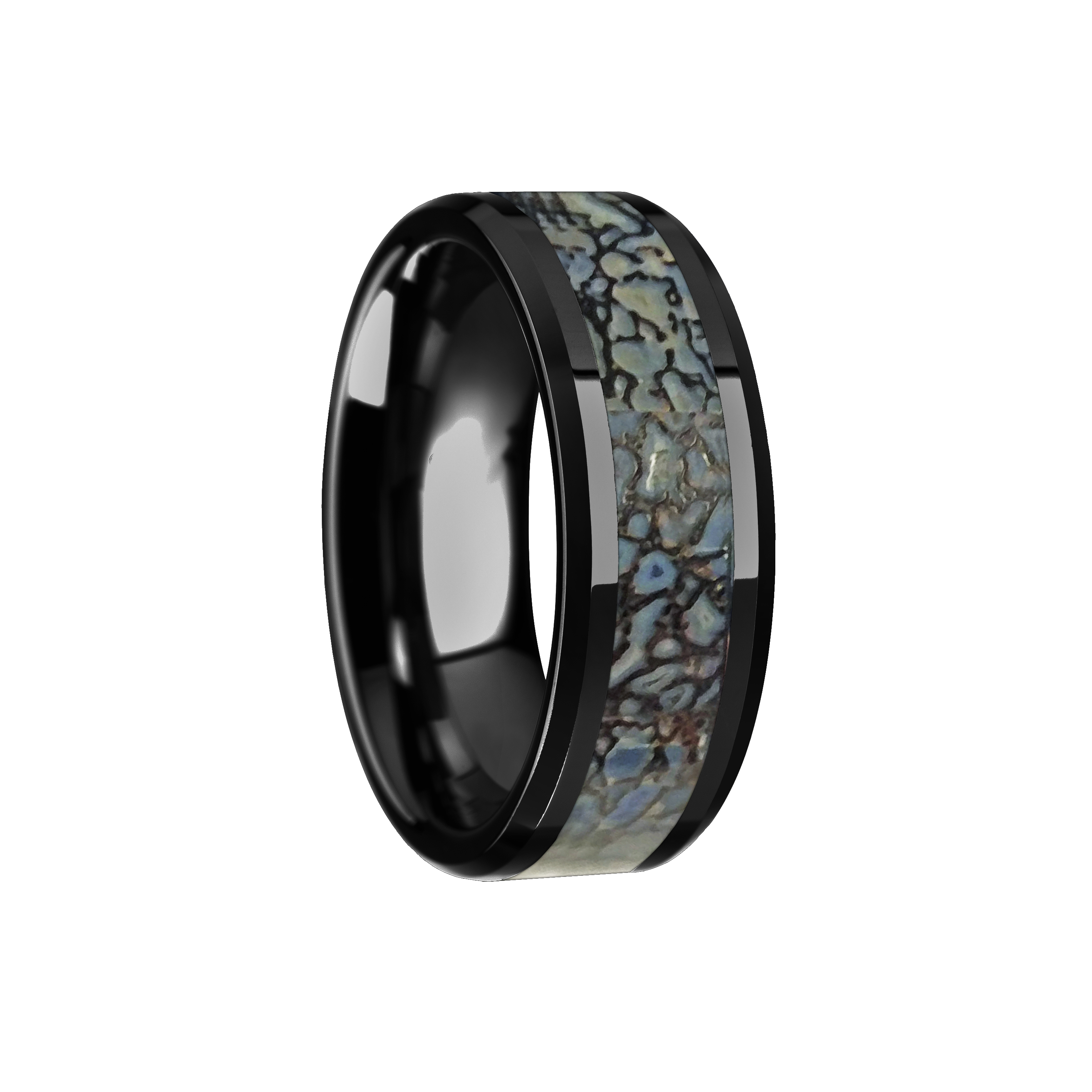 PERMIAN Blue Dinosaur Bone Inlaid Black Ceramic Beveled Edged Ring - 4mm & 8mm