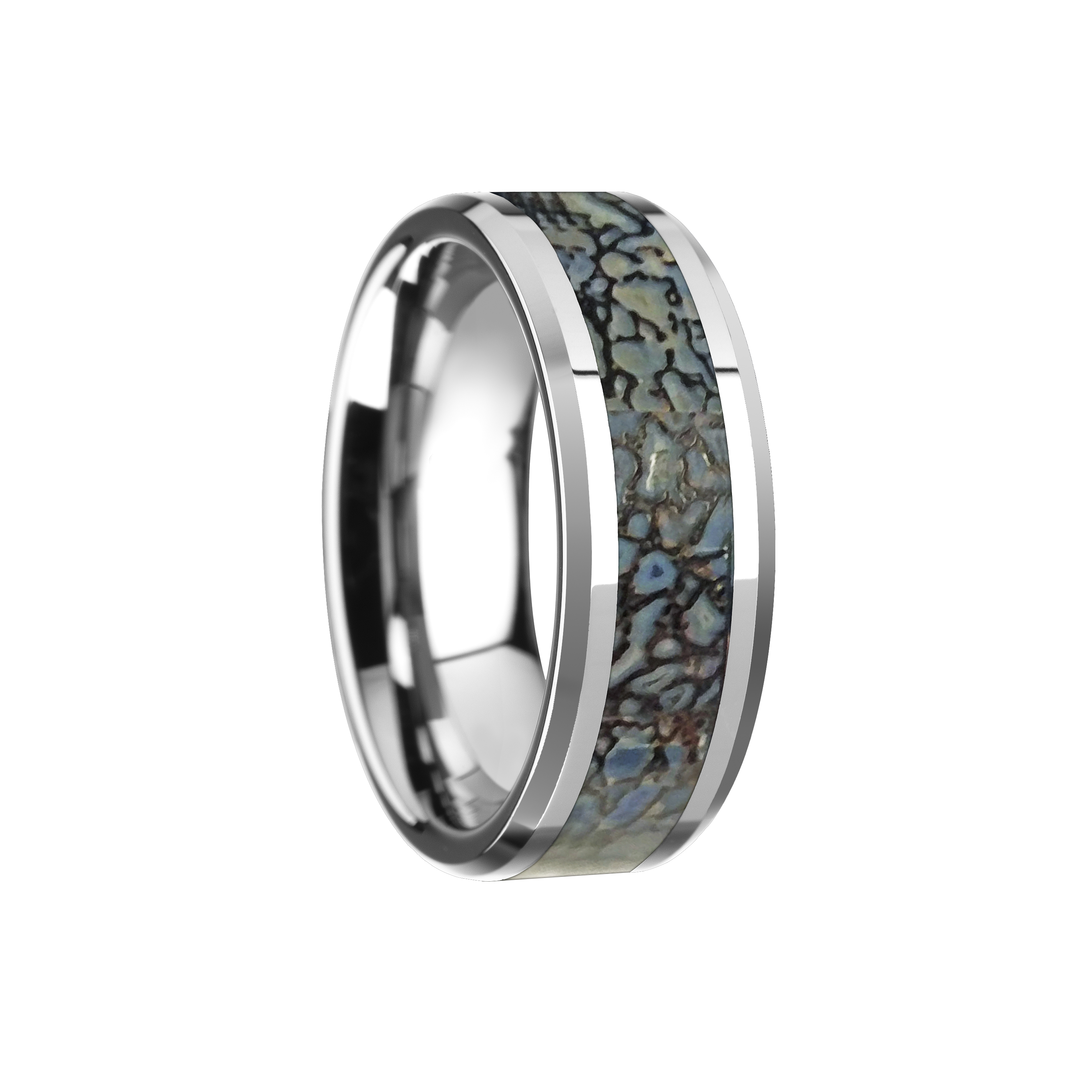DEVONIAN Blue Dinosaur Bone Inlaid Tungsten Carbide Beveled Edged Ring - 4mm & 8mm
