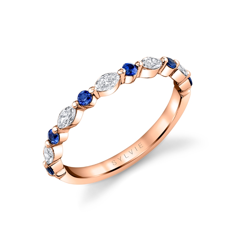 Blue Sapphire and Diamond Ring with Marquise Shaped Diamonds