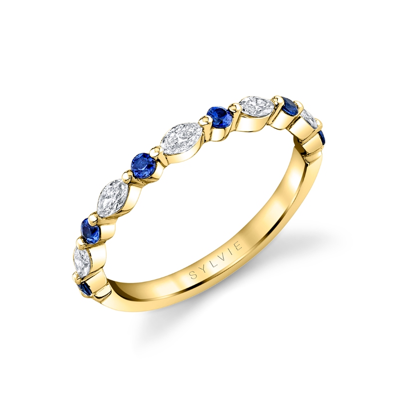 Blue Sapphire and Diamond Ring with Marquise Shaped Diamonds