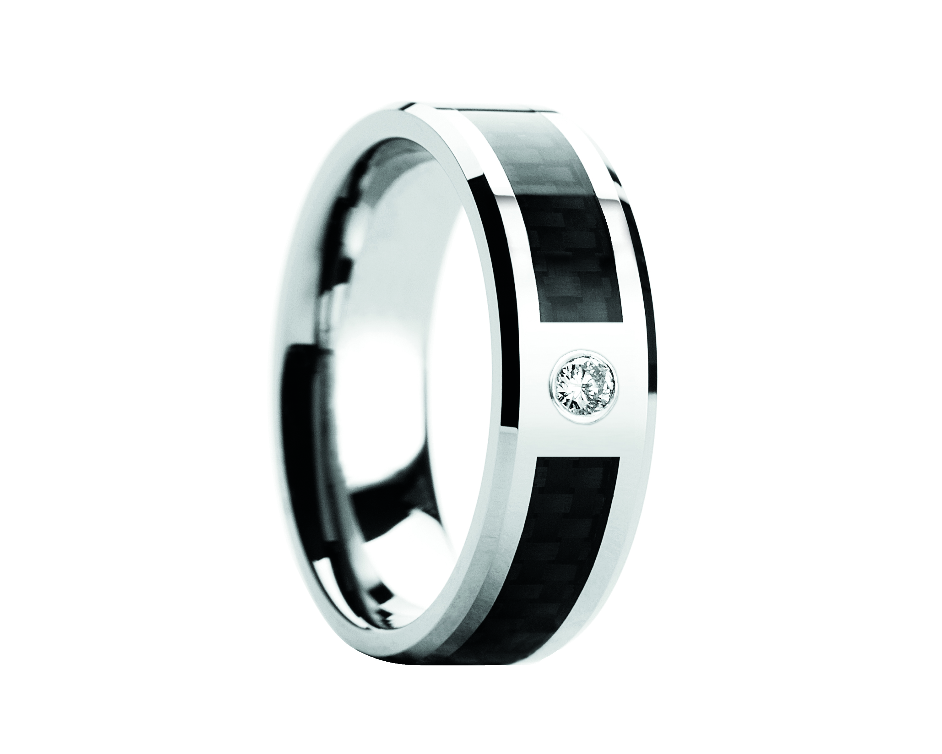 CAYMAN Tungsten Carbide Ring with Black Carbon Fiber and White Diamond Setting with Bevels - 8mm