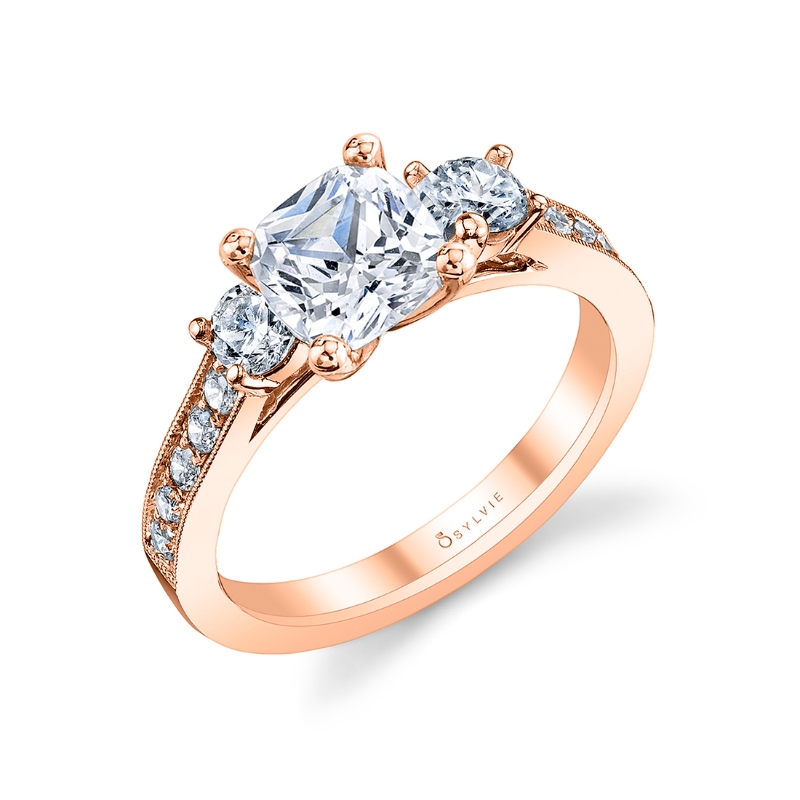Cushion Cut Vintage Inspired Three Stone Engagement Ring - Noella
