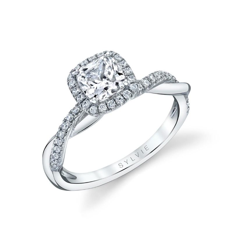 Cushion Cut Modern Halo Diamond Spiral Engagement Ring - Coralie