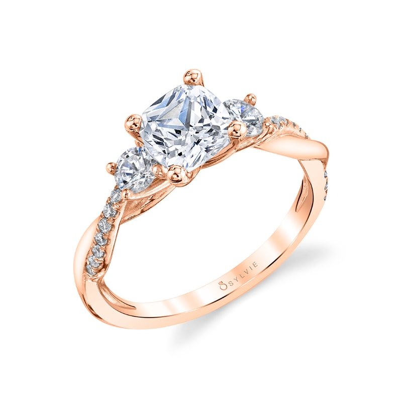 Cushion Cut Three Stone Spiral Engagement Ring - Evangeline