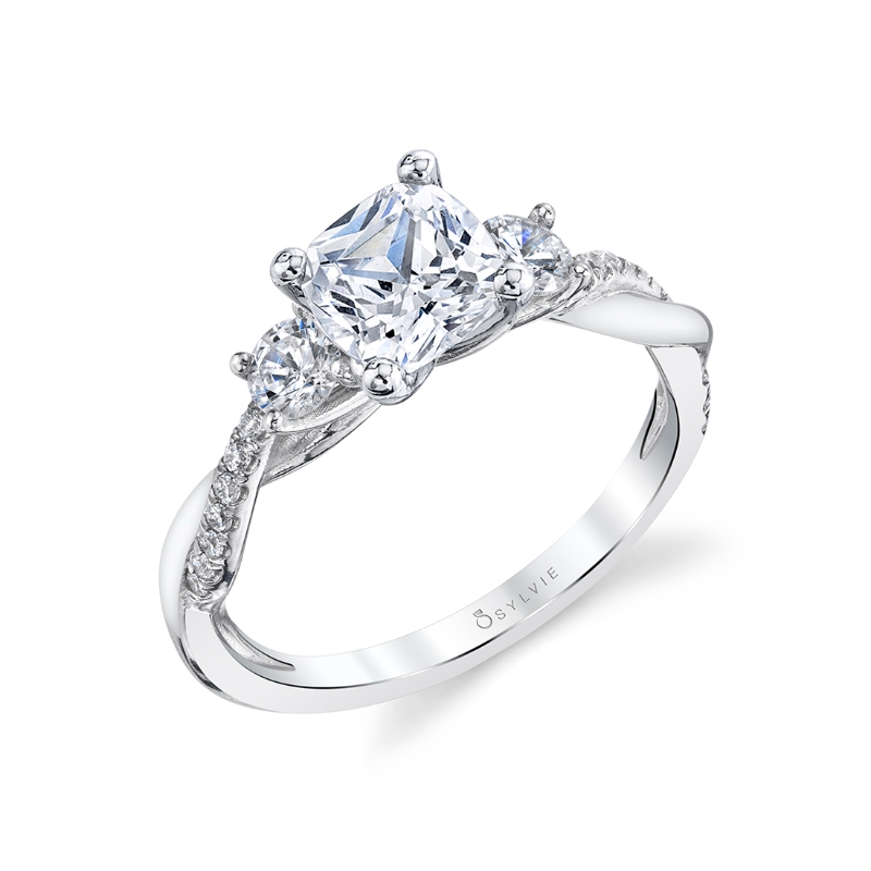 Cushion Cut Three Stone Spiral Engagement Ring - Evangeline