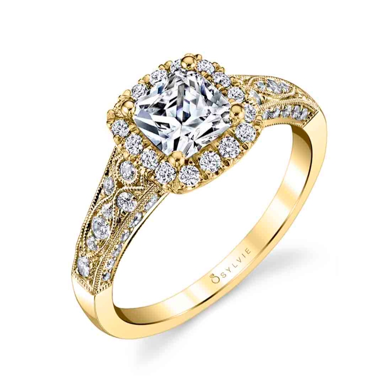 Cushion Cut Modern Vintage Halo Engagement Ring - Cheri