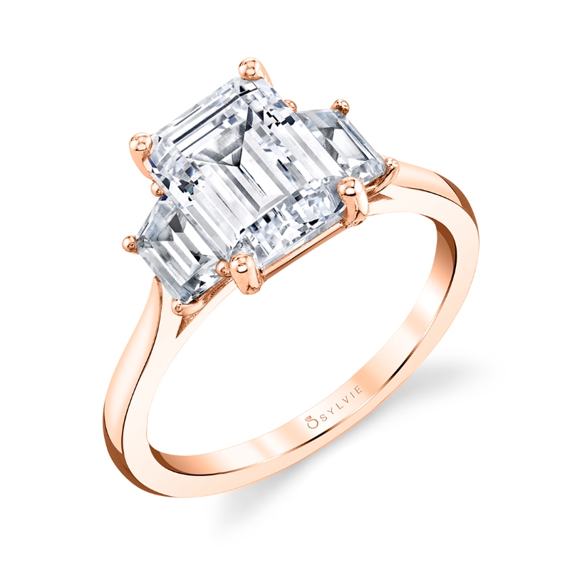 Three Stone Emerald Engagement Ring with Trapezoid Side Stones - Annalise
