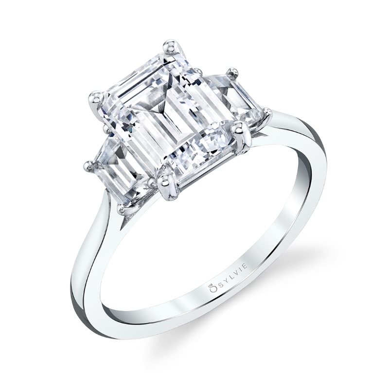 Three Stone Emerald Engagement Ring with Trapezoid Side Stones - Annalise