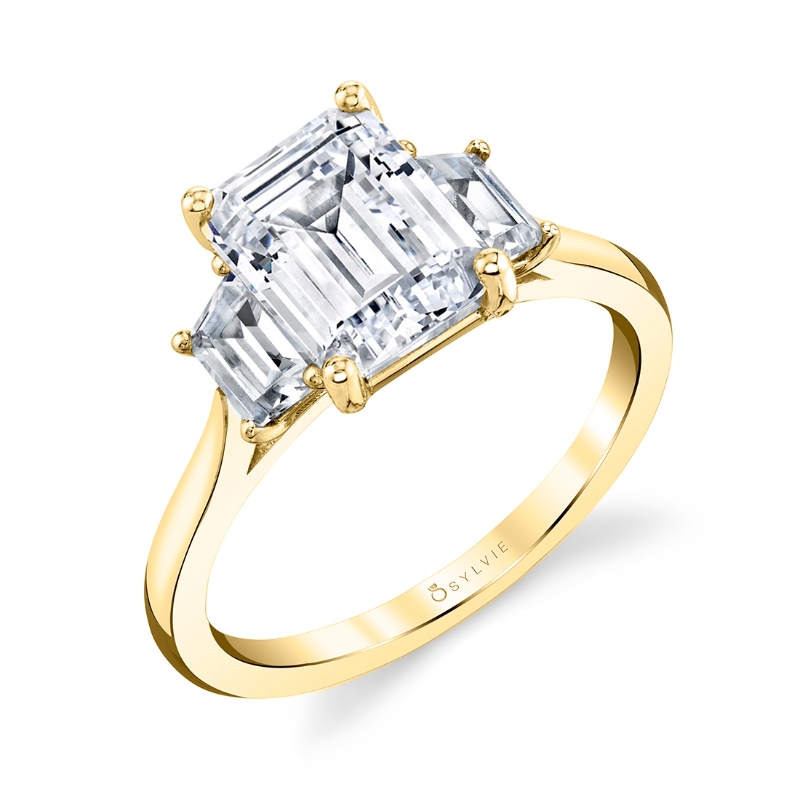 Three Stone Emerald Engagement Ring with Trapezoid Side Stones - Annalise