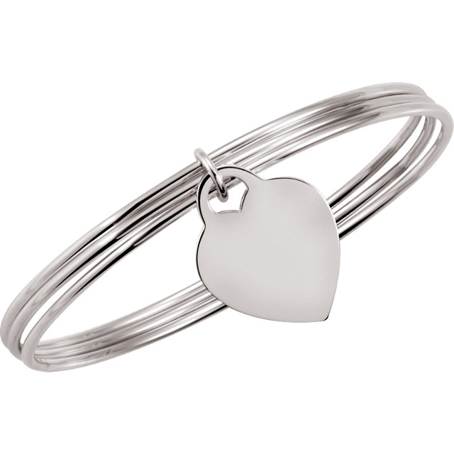 Sterling Silver Triple Bangle 8" Bracelet with Heart Dangle