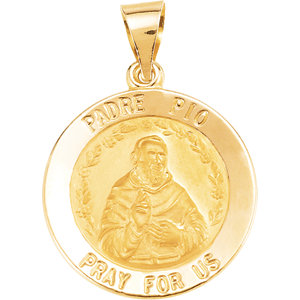 14K Yellow 18.75mm Round Hollow Padre Pio Medal