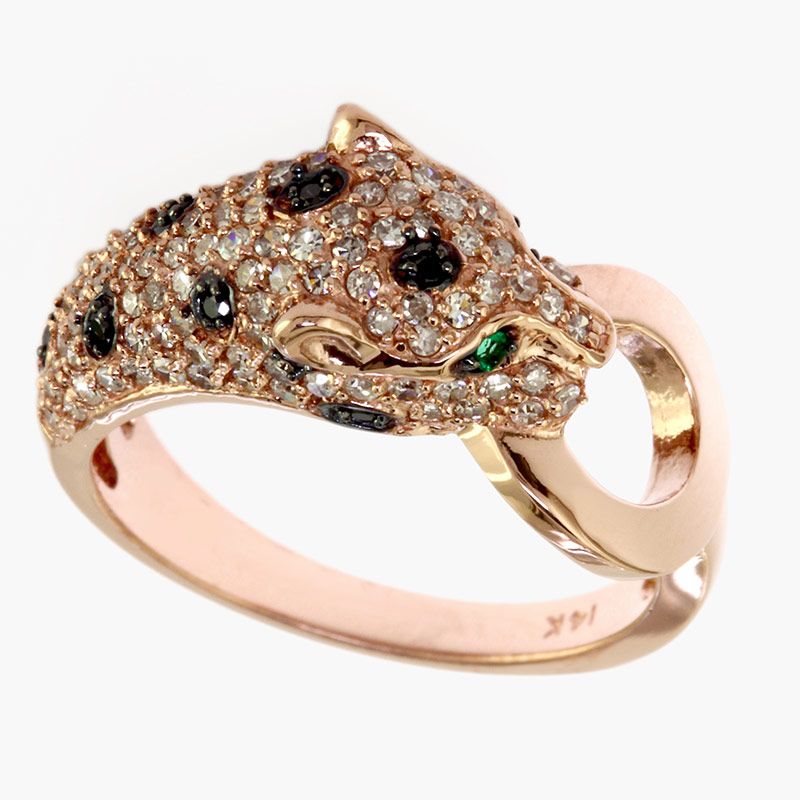 EFFY 14K Rose Gold Diamond Black Diamond Natural Emerald Ring