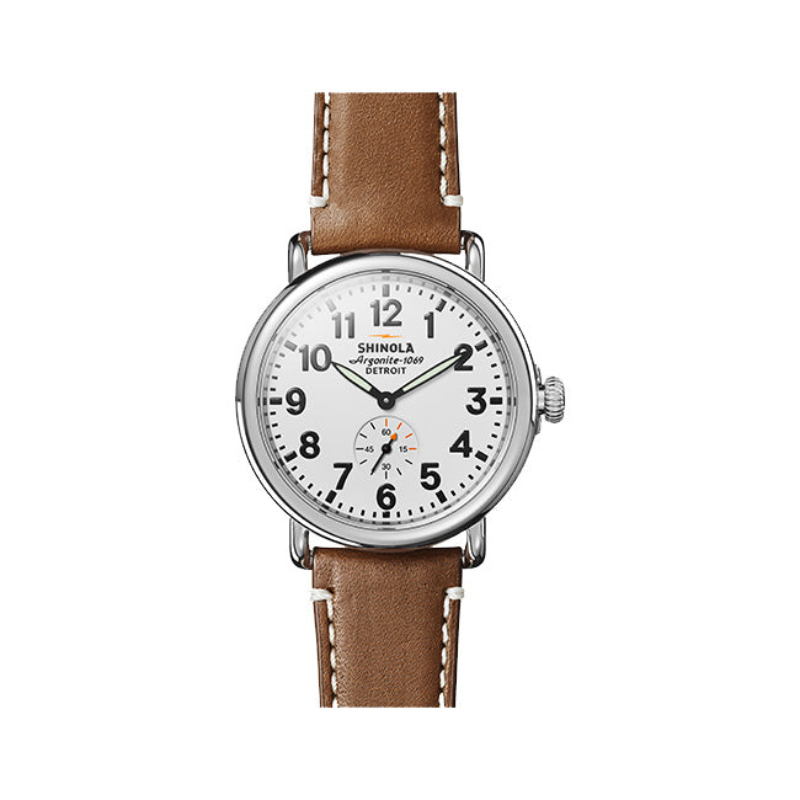 Runwell 41MM Stainless Steel Case With A White Dial Watch On A Brown Leather Strap