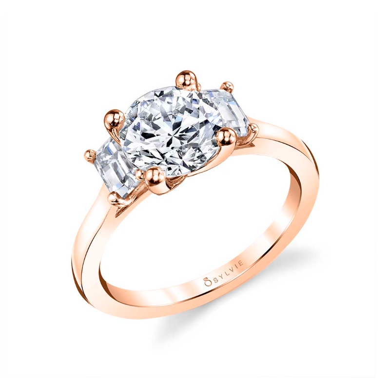 Three Stone Engagement Ring with Emerald Side Stones - Gigi