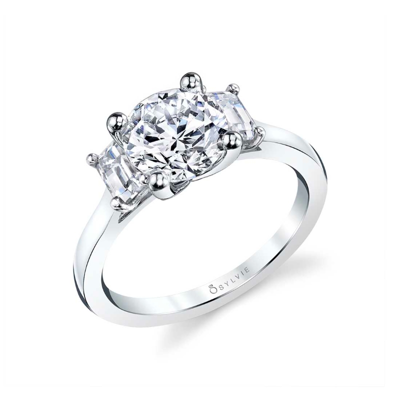 Three Stone Engagement Ring with Emerald Side Stones - Gigi