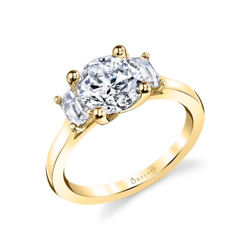 Three Stone Engagement Ring with Emerald Side Stones - Gigi