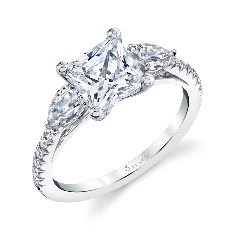 Princess Cut Three Stone Engagement Ring With Pear Shaped Side Stones - Vanna