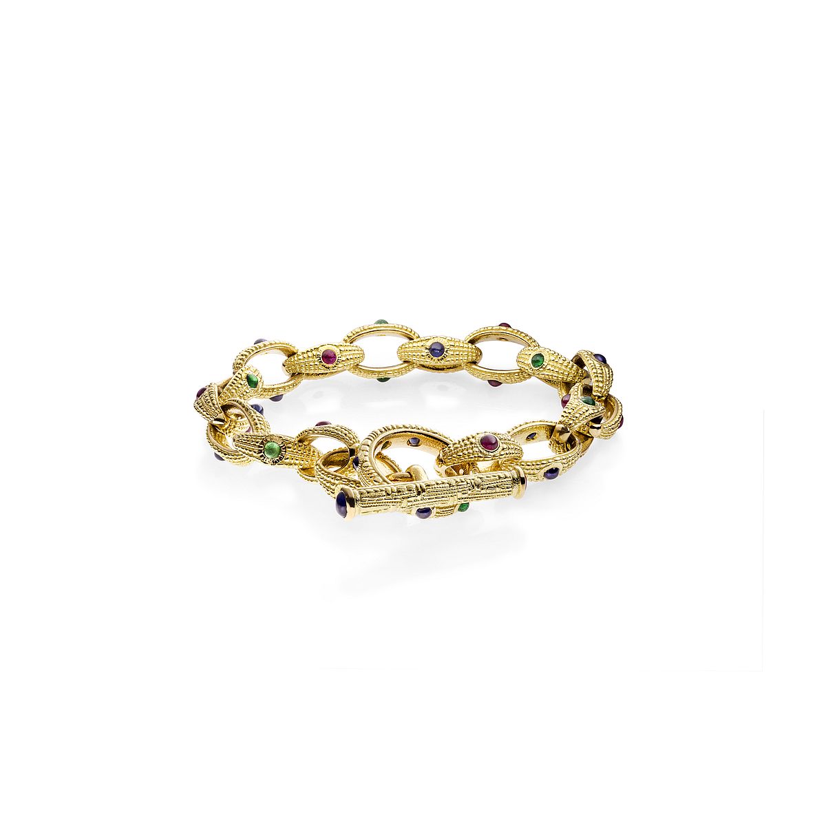 Yellow Gold Ruby Sapphire and Emerald Cabochon Toggle Bracelet