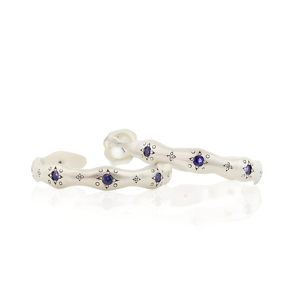 Sterling Silver and Sapphire Wavy Engraved Hoop Earrings