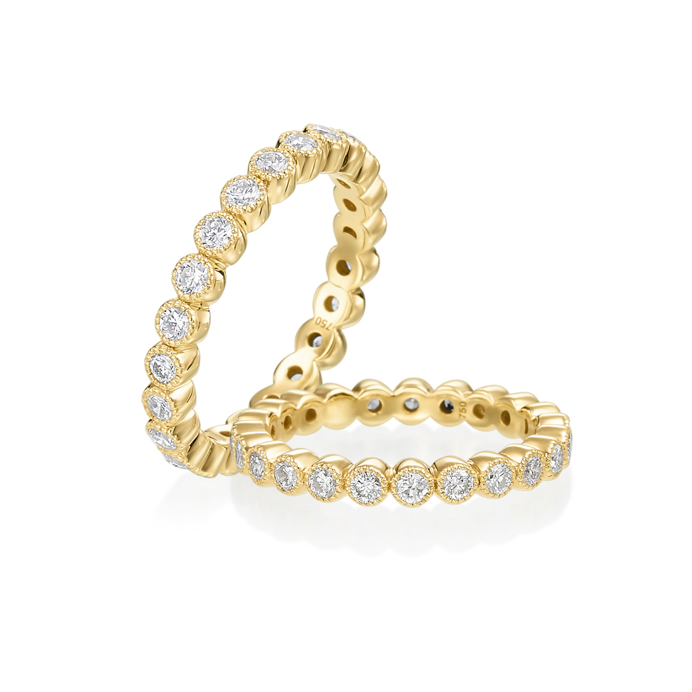 Yellow Gold and Diamond Milgrain Bezel Wedding Band