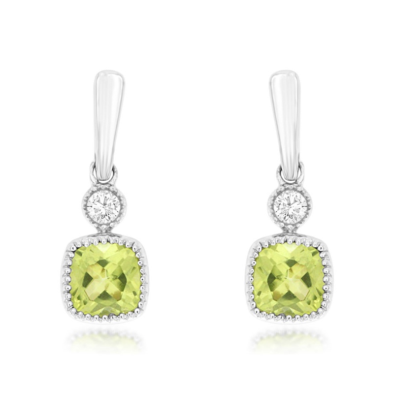 Peridot and Diamond Drop Studs in 14K White Gold