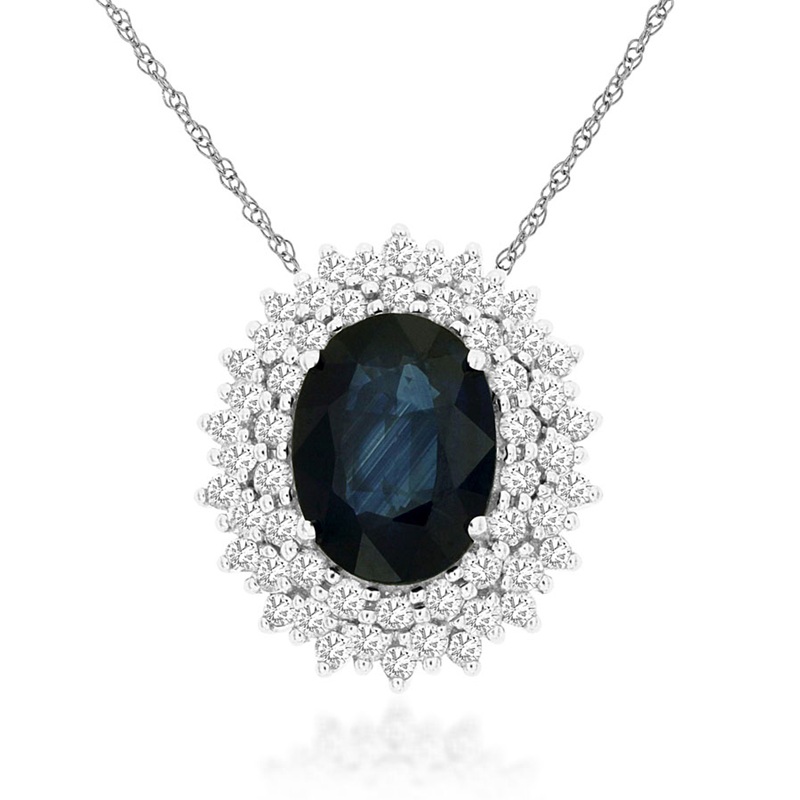 Blue Sapphire Pendant with Double Diamond Halo