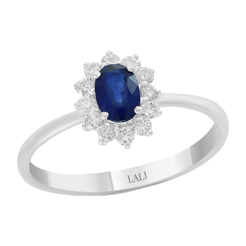 Blue Sapphire Ring with Diamond Halo in 14K White Gold