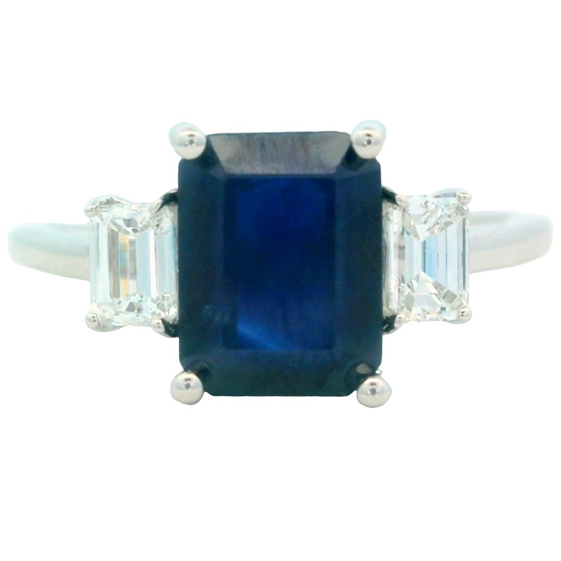 Three Stone Blue Sapphire and Diamond Ring in Platinum