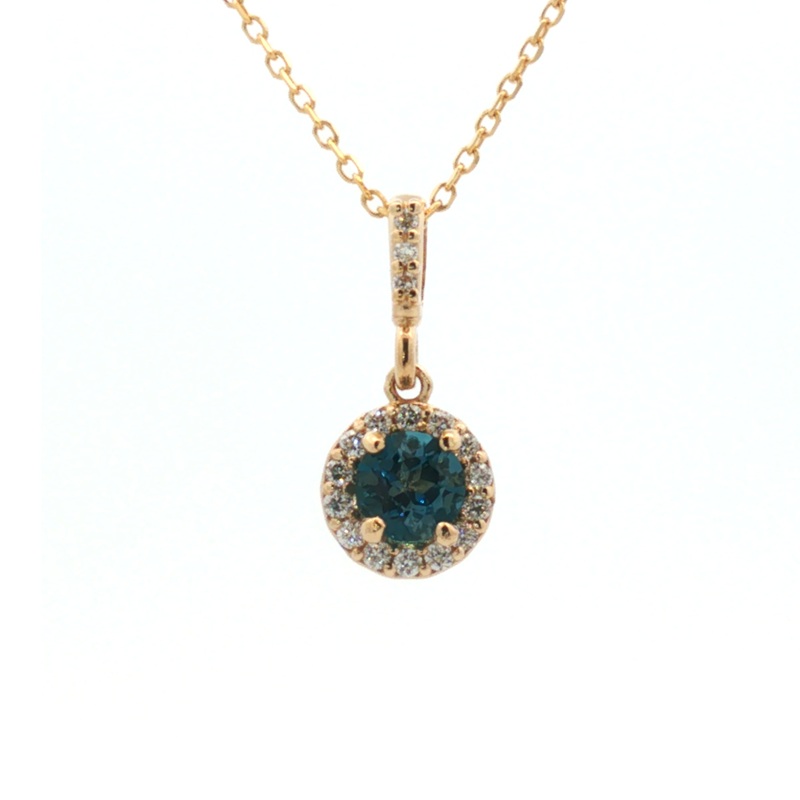 Round London Blue Topaz Pendant with Diamond Halo