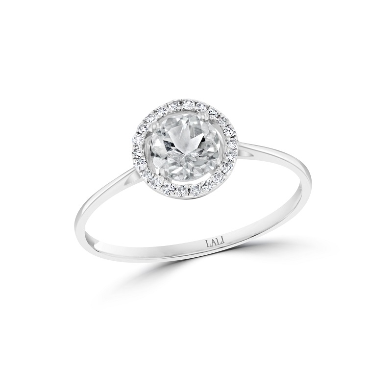 14W Round White Topaz Ring with Halo
