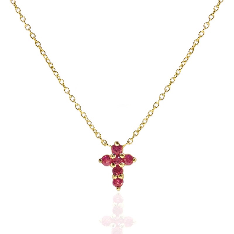 14Y Small Ruby Cross Necklace