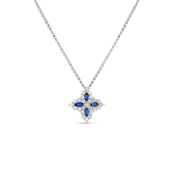 Roberto Coin 18K White Gold Venetian Princess Diamond and Blue Sapphire Medium Flower Necklace