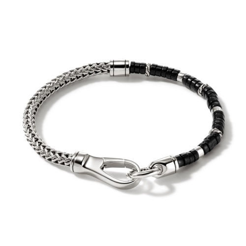 John Hardy 4.5mm Men's Heishi Bracelet with Black Onyx and Hook Clasp