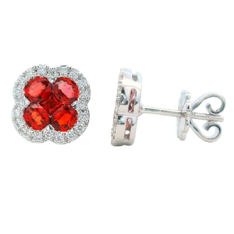 Orange Sapphire and Diamond Clover Studs
