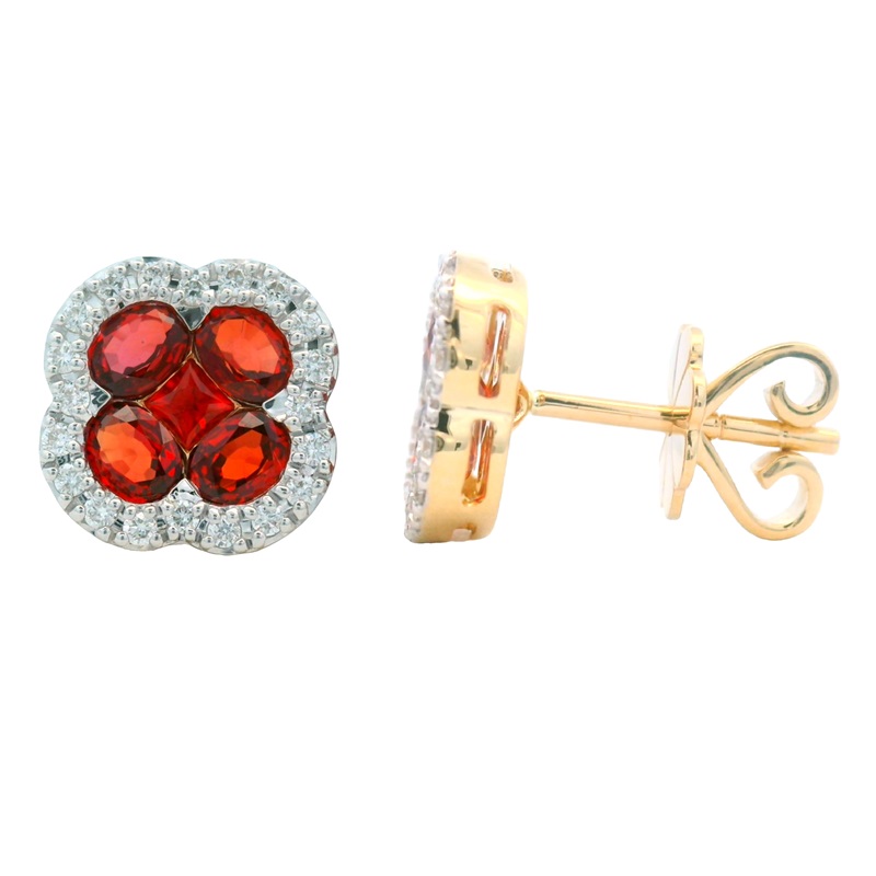 Orange Sapphire and Diamond Clover Studs