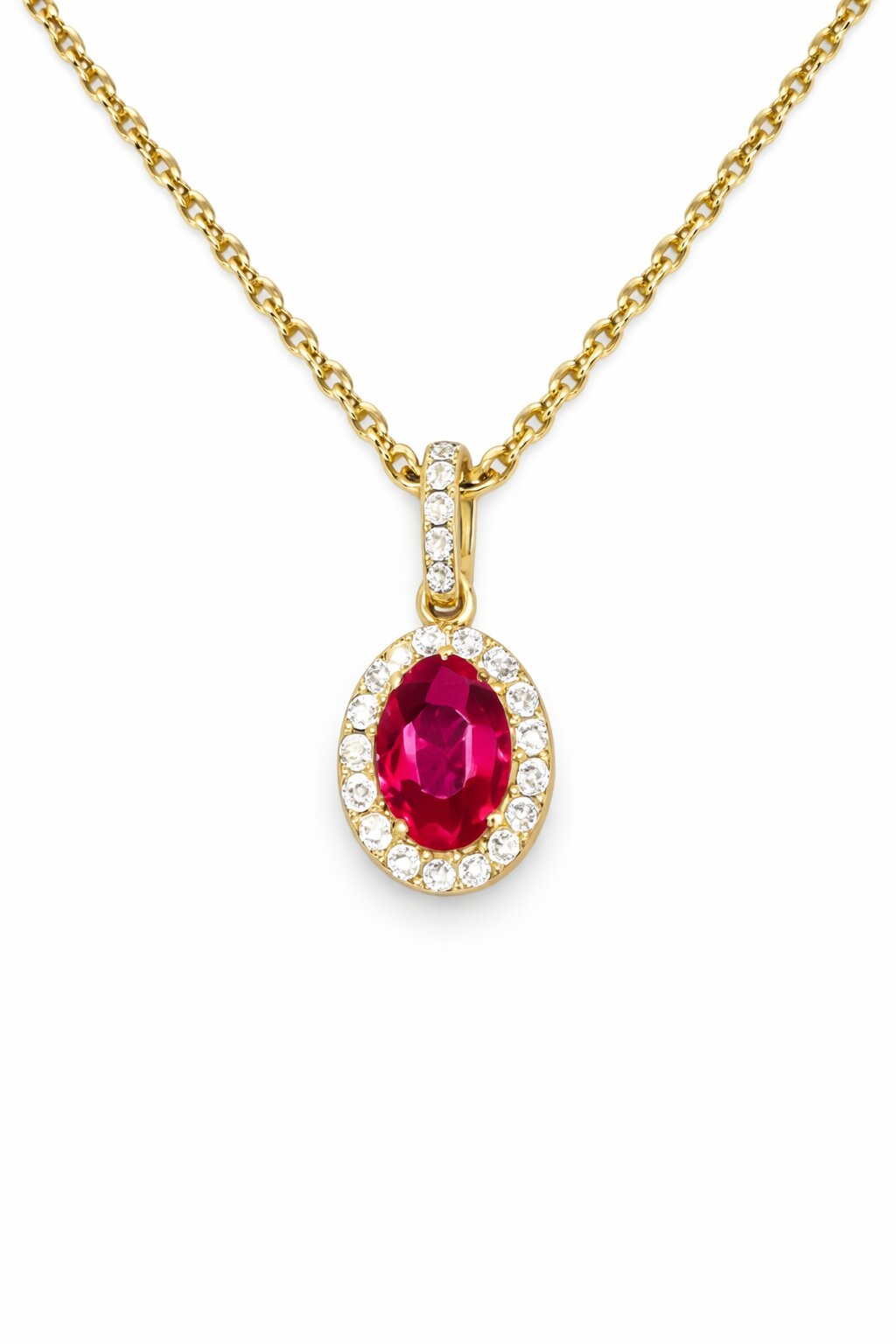 Oval Ruby & Diamond Halo Pendant Necklace in 14K Yellow Gold