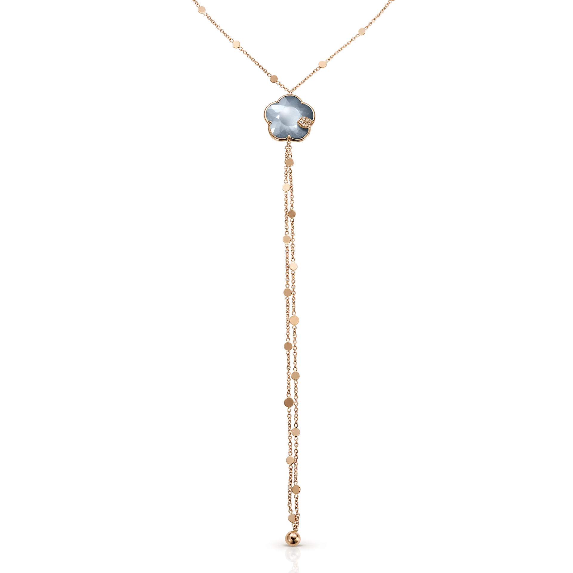 18K ROSE GOLD TON JOLI NECKTIE WITH MOONSTONE, ONYX AND DIAMONDS. DIA-0.11, MOONSTONE&ONYX-10.53, GLD-10.72