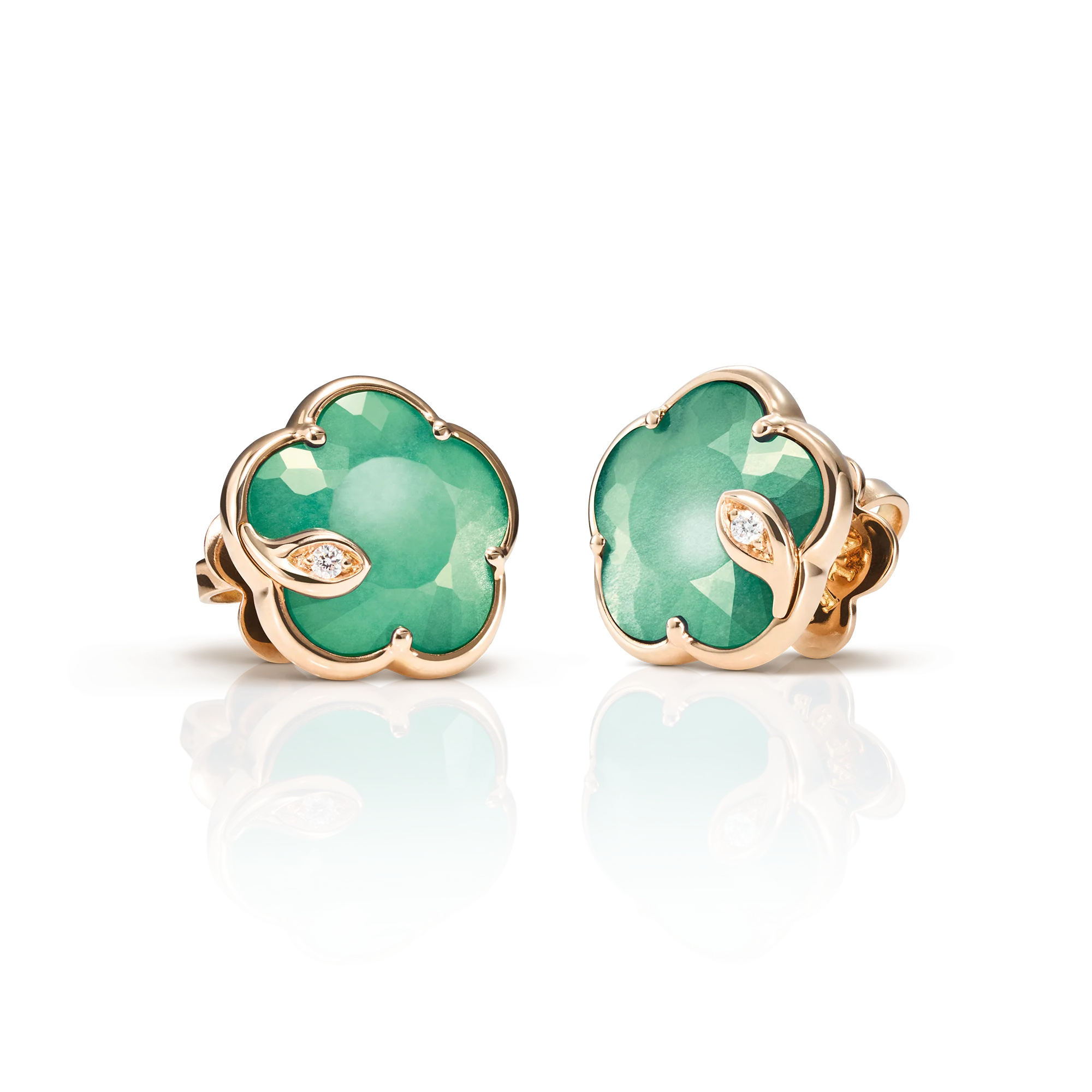 18K ROSE GOLD PETIT JOLI EARRINGS WITH GREEN AGATE, MOONSTONE, AND DIAMONDS. DIA-0.02,GRN-4.72, GLD-2.97
