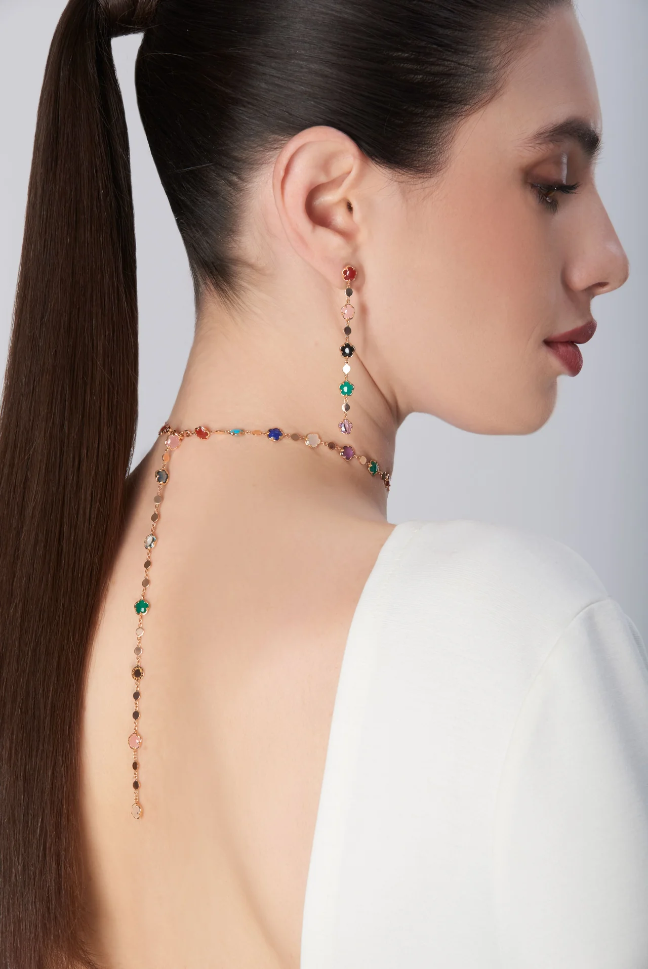 18K ROSE GOLD FIGLIA DEI FIORI NECKLACE WITH RAINBOW GEMS AND DIAMONDS. DIA-0.01, COLOR STONES -12.75, GLD-8.25