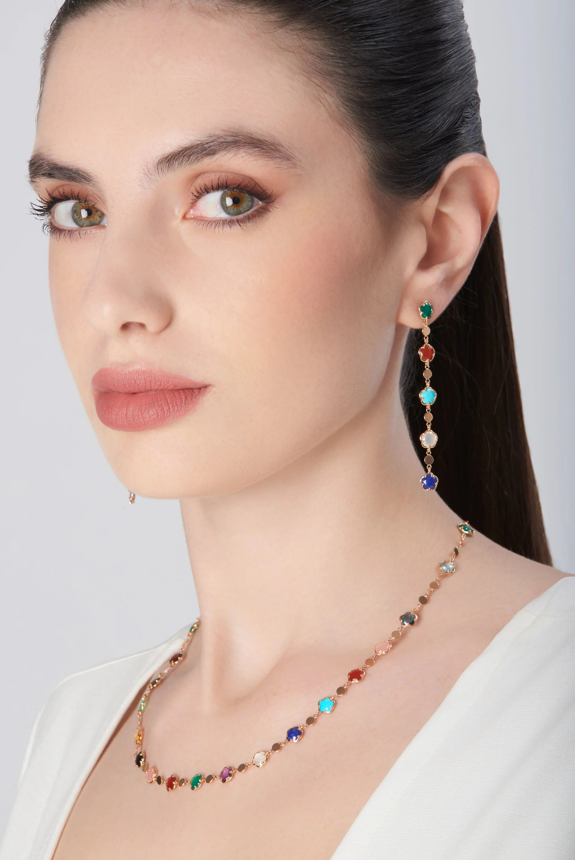 18K ROSE GOLD FIGLIA DEI FIORI NECKLACE WITH RAINBOW GEMS AND DIAMONDS. DIA-0.01, COLOR STONES -12.75, GLD-8.25