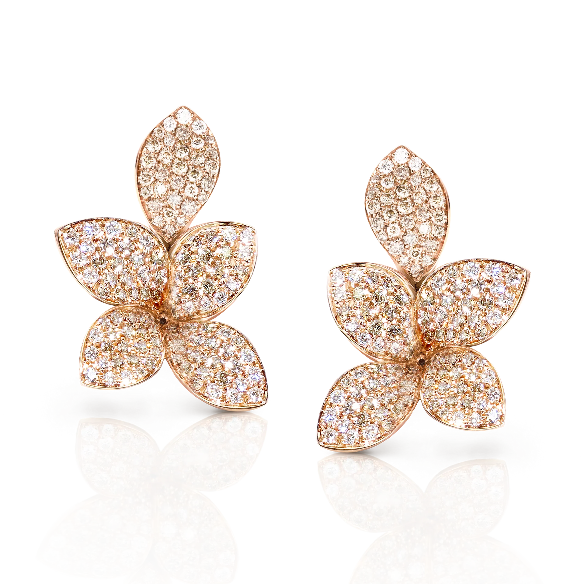 18K ROSE GOLD GIARDINI SEGRETI EARRINGS WITH WHITE AND CHAMPAGNE DIAMONDS. DIA-2.40 GLD-7.85