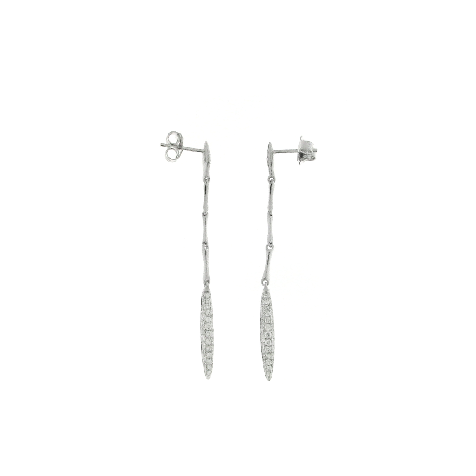 18K White Gold Bamboo Navette Pave Diamond Drop Earrings. .72PTS