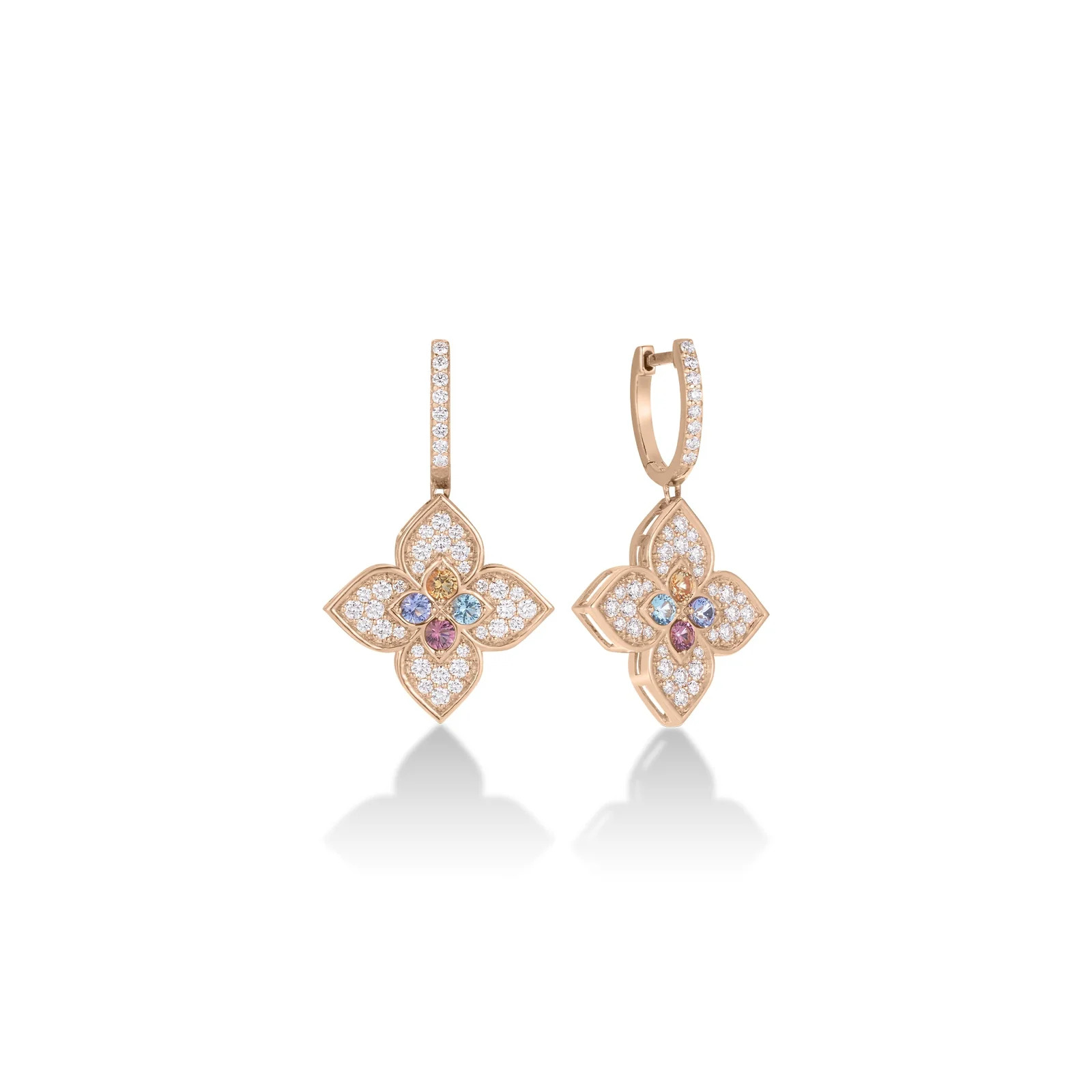 ROBERTO COIN 18K ROSE GOLD DIAMOND CARNAVAL DROP EARRINGS 4 COLOR STONES. BTOP-0.10, CITR-0.09 DIAM-087, RUB 0.10 RUBY-0.01 TANZ-0.10