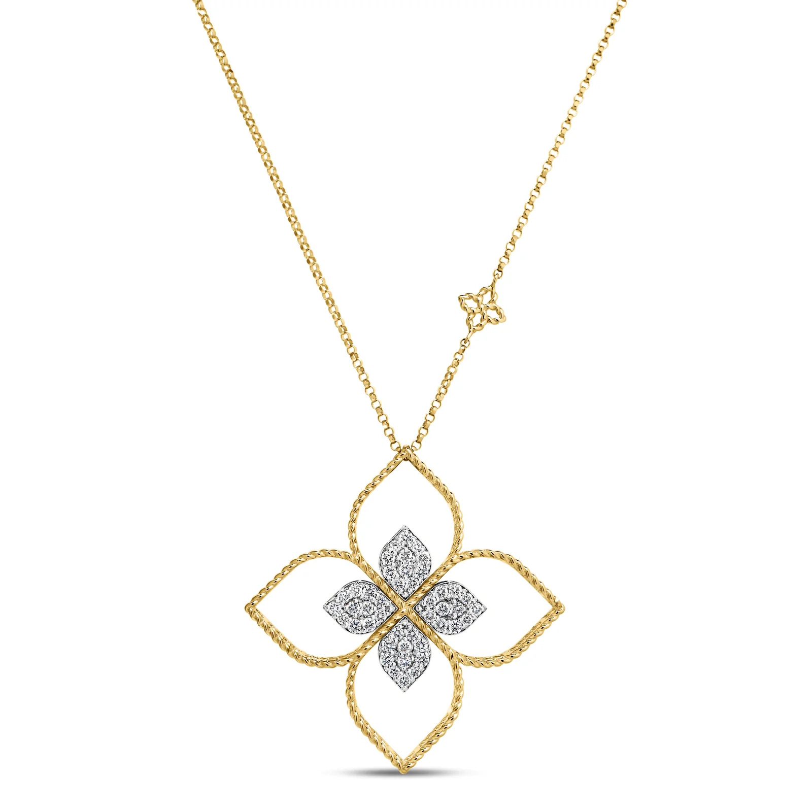 18K YELLOW AND WHITE GOLD PRINCESS FLOWER OPEN FRAME PAVï¿½ DIAMOND NECKLACE. .43ctw