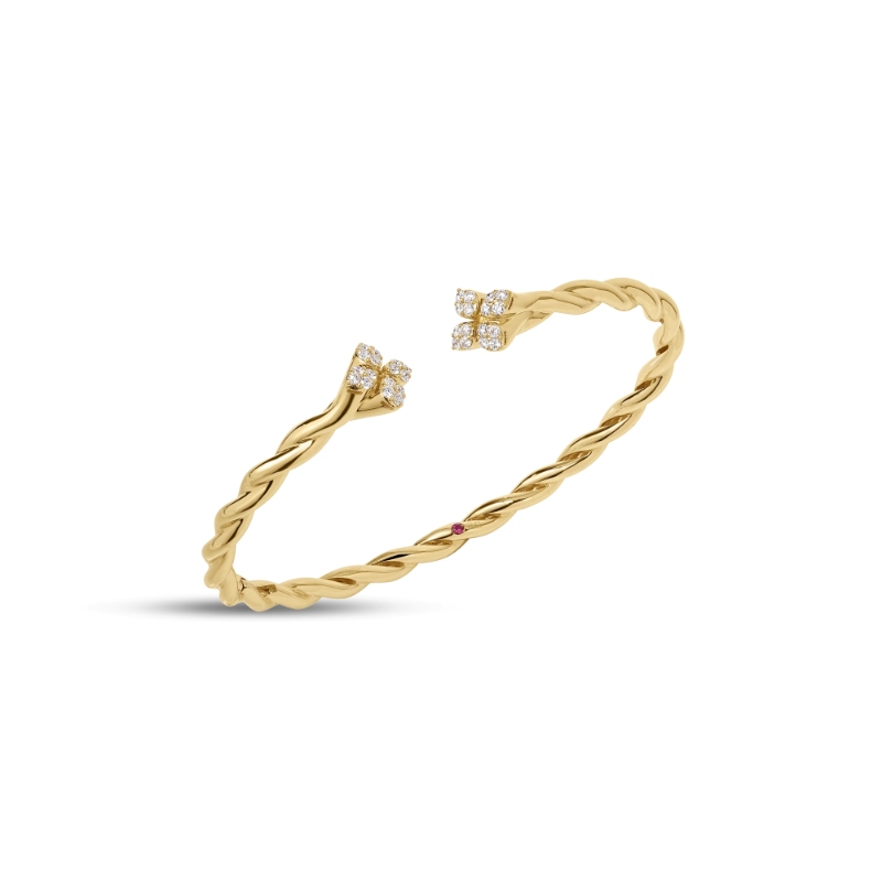 18K YELLOW GOLD LOVE IN VERONA DIAMOND TWIST CUFF BANGLE 48X58 MEDIUM. 0.28CARAT