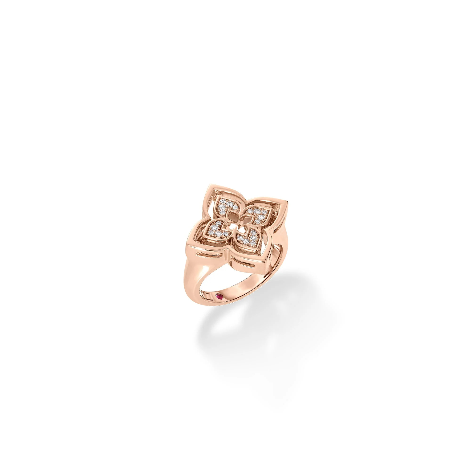 18K ROSE GOLD VENETIAN PRINCESS PIROUETTE PAVÃ‰ SMALL FLOWER RING WITH DIAMOND AND MOP