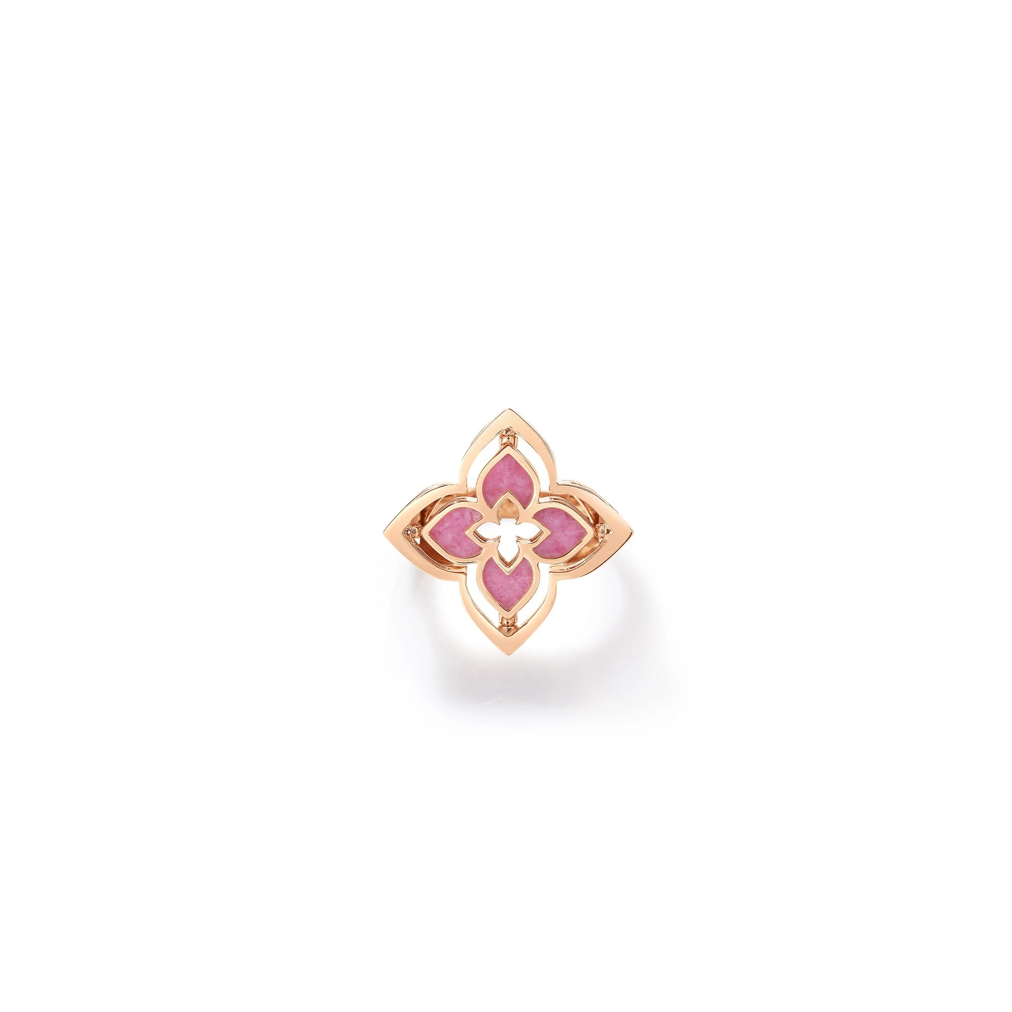 18K ROSE GOLD VENETIAN PRINCESS PIROUETTE PAVÃ‰ SMALL FLOWER RING WITH DIAMOND AND RHODONITE (SIZE 6.5)