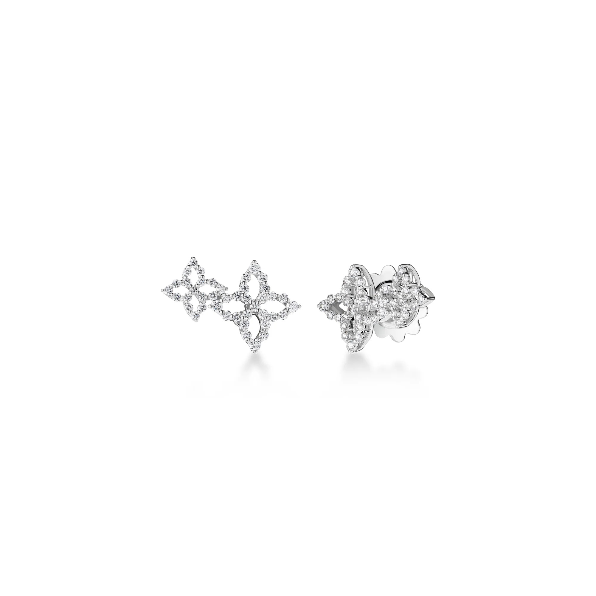 18K WHITE GOLD DIAMOND PRINCESS OUTLINE DOUBLE FLOWER STUD EARRINGS